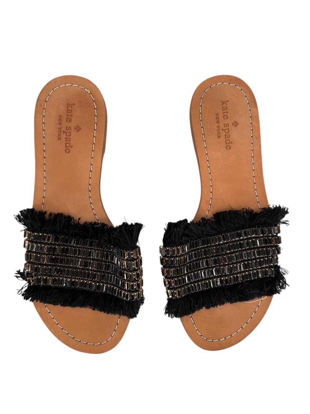 kate spade Black Fringe Beaded Slide Sandals with Gold Accents